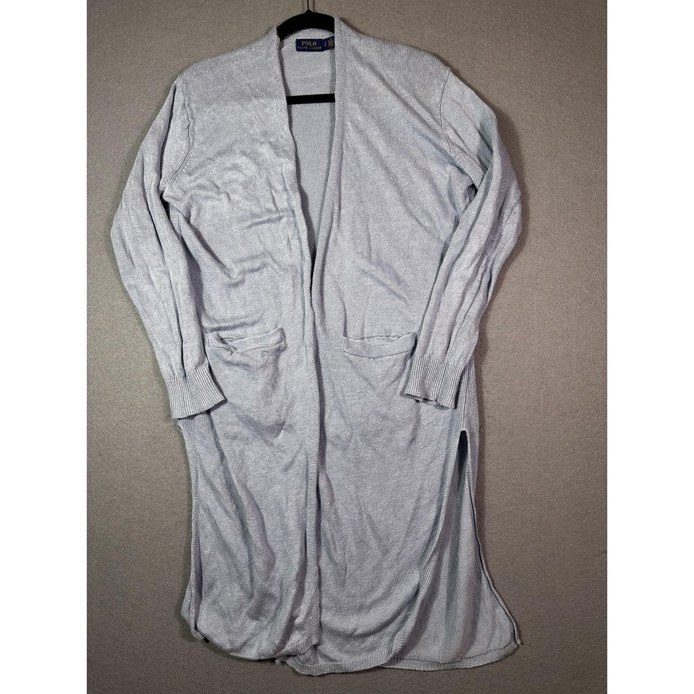Polo Ralph Lauren Cardigan Sweater Womens Small Blue Linen Long Open Front Knit - Picture 2 of 8